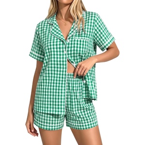 image:imageSWOMOG 100 Cotton Pajama Set For Women 2PCS Striped Pjs Set Short Sleeve Shirts with Pockets Button Down Cute LoungewearGreen Gingham