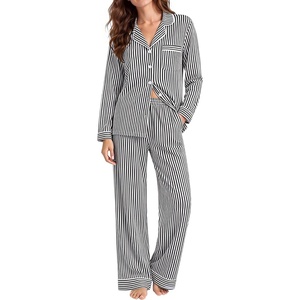 image:imageSWOMOG 100 Cotton Pajama Set for Women 2 PCS Long Sleeve Striped Pjs Set Button Down Sleepwear with PantsBlack Striped