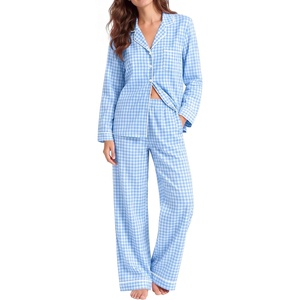 image:imageSWOMOG 100 Cotton Pajama Set for Women 2 PCS Long Sleeve Striped Pjs Set Button Down Sleepwear with PantsBlue Gingham
