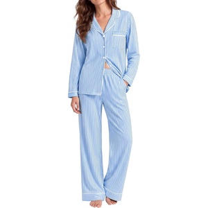 image:imageSWOMOG 100 Cotton Pajama Set for Women 2 PCS Long Sleeve Striped Pjs Set Button Down Sleepwear with PantsBlue Striped