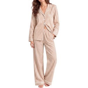 image:imageSWOMOG 100 Cotton Pajama Set for Women 2 PCS Long Sleeve Striped Pjs Set Button Down Sleepwear with PantsBrown Gingham