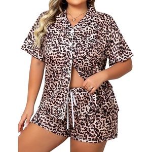 image:imageSWOMOG Womens Plus Size Pajamas Set Button Down Tops Short Sleeve Sleepwear Soft Pajama Shorts 2 Pcs Lounge Sets With PocketBrown Leopard