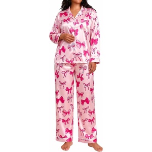 image:imageSWOMOG Womens Plus Size Pajamas Silky Pajama Set Button Down Sleepwear Classic Silk Pj Set Ladies Two Piece Loungewear SetPink Bow