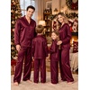 image:imageSWOMOG Family Matching Pajamas Silk Satin Long Sleeve Sleepwear Soft Button Down Loungewear 2 Pcs Pj Set KidsDark Wine Red