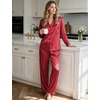 image:imageSWOMOG Long Sleeve Pajamas Set Silk Satin Sleepwear Button Down Pjs Loungewear with PocketStriped in Red