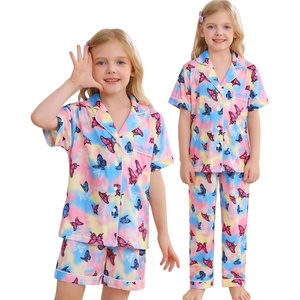 image:imageSWOMOG Big Girls Pajama Set 3PCS Button Dowm Sleepwear Short Sleeve with ShortampLong Pants PJs Cute Print LoungewearColorful Butterfly