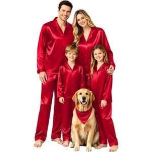 image:imageSWOMOG Family Matching Pajamas Silk Satin Long Sleeve Sleepwear Soft Button Down Loungewear 2 Pcs Pj Set KidsRed