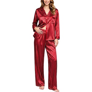 image:imageSWOMOG Long Sleeve Pajamas Set Silk Satin Sleepwear Button Down Pjs Loungewear with PocketStriped in Red