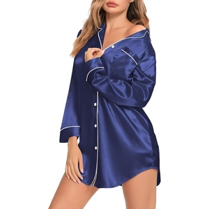image:imageSWOMOG Womens Satin Sleep Shirt Long Sleeve Sleepwear Silk Nightshirt Button Down Pajama TopNavy Blue